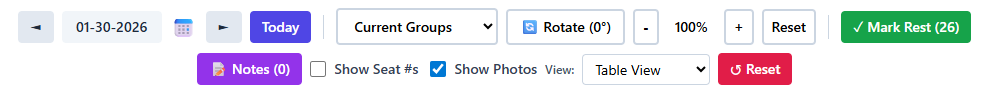 Attendance control bar with date controls, view dropdown, zoom, rotate, and Mark Rest