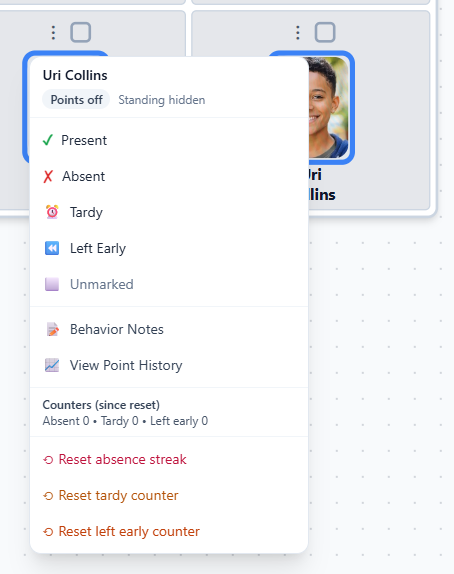 Student menu open with attendance status options