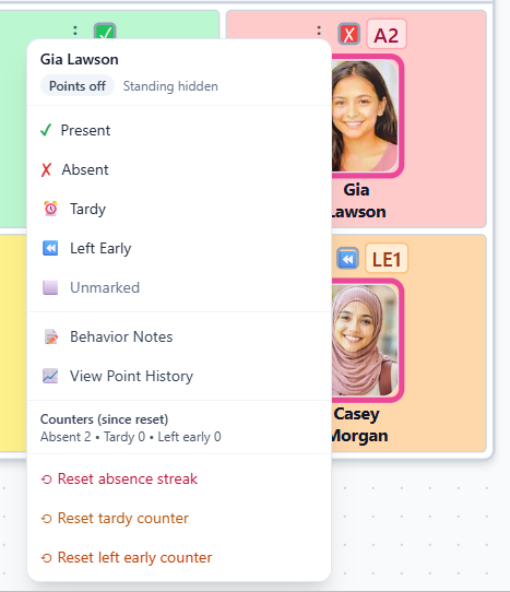Student menu showing counters since reset and reset options