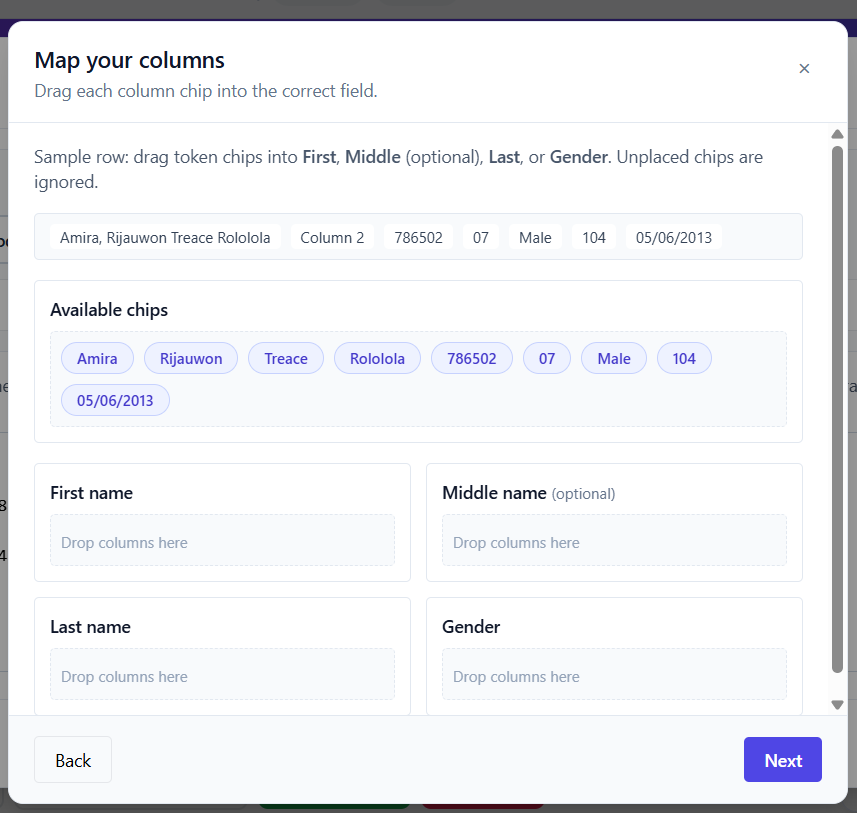 Map your columns step with available chips not yet mapped