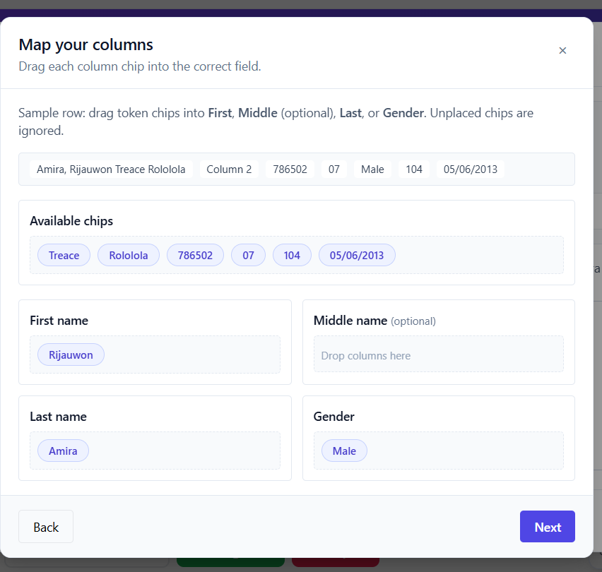 Map your columns step with chips assigned to fields