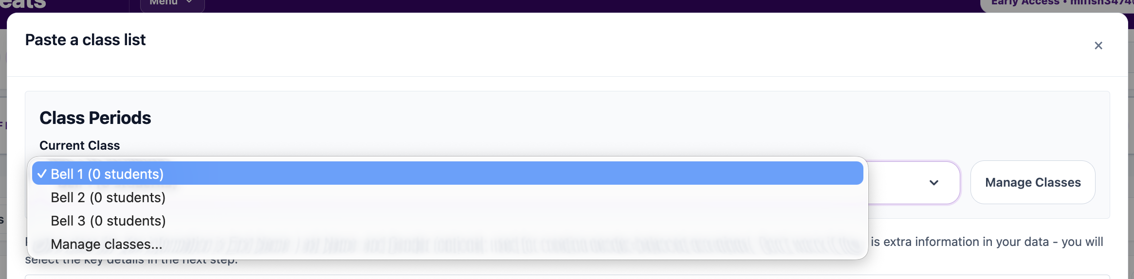 Class selector inside the Paste a class list window with multiple class options