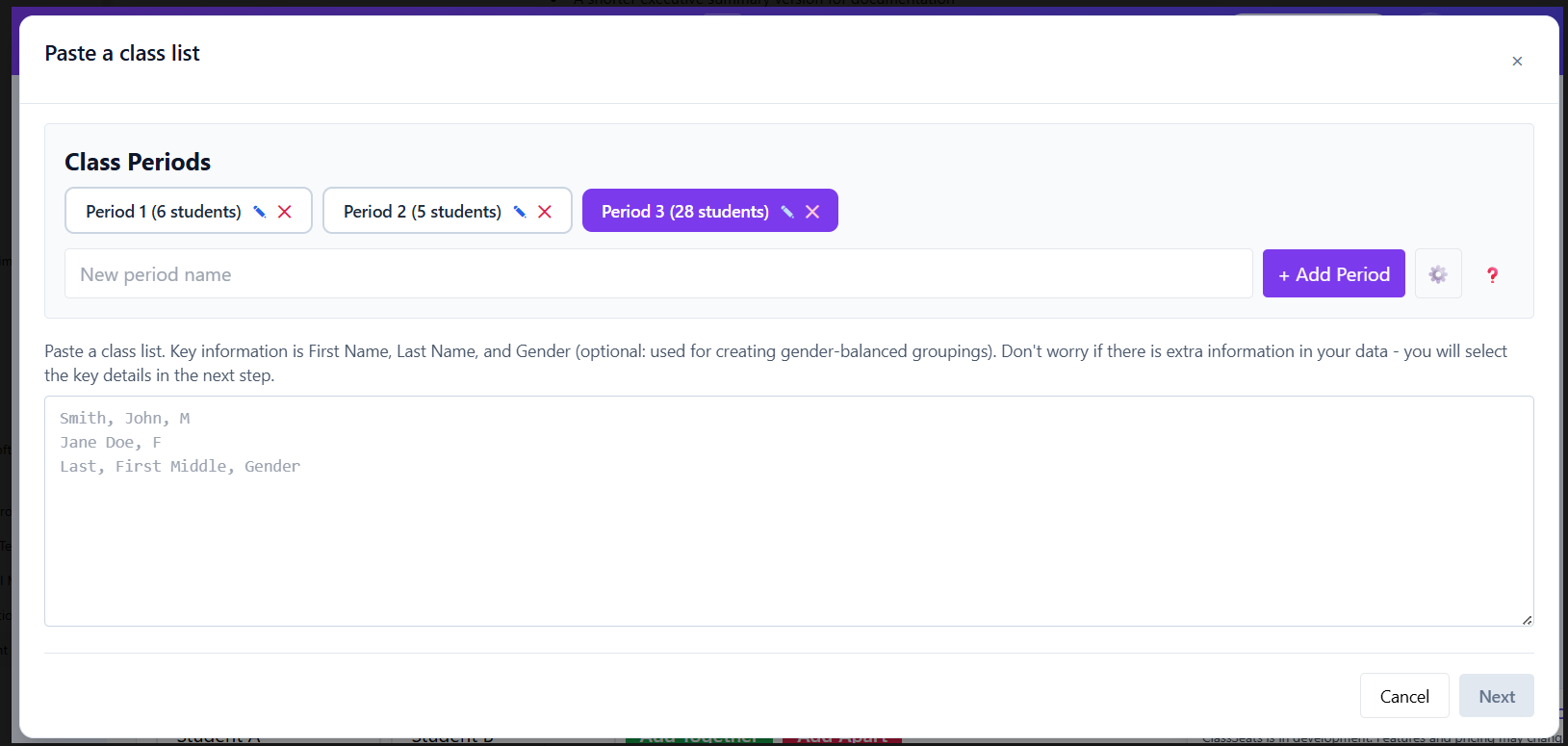 Paste a class list window ready for pasted data