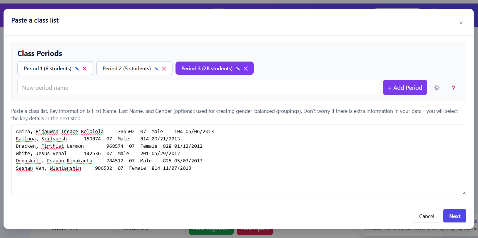 Paste a class list window with roster text including extra columns