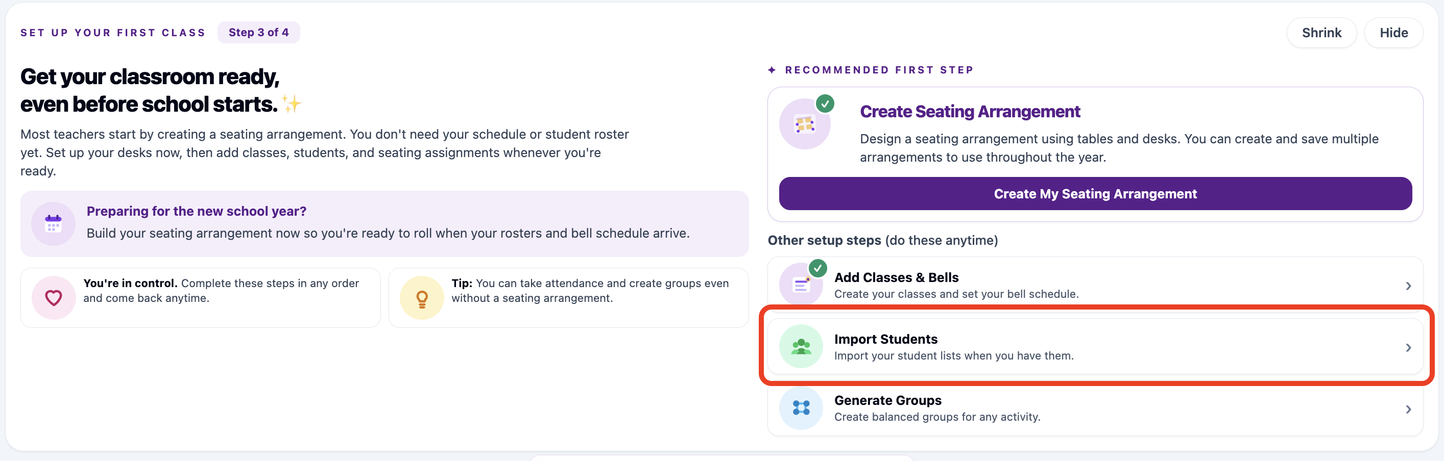 Expanded setup guide with Import Students highlighted