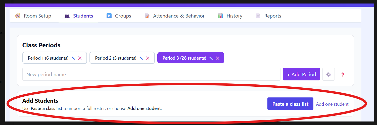Students tab with class periods and Add Students options
