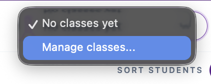 ClassSeats class selector menu with Manage classes option.