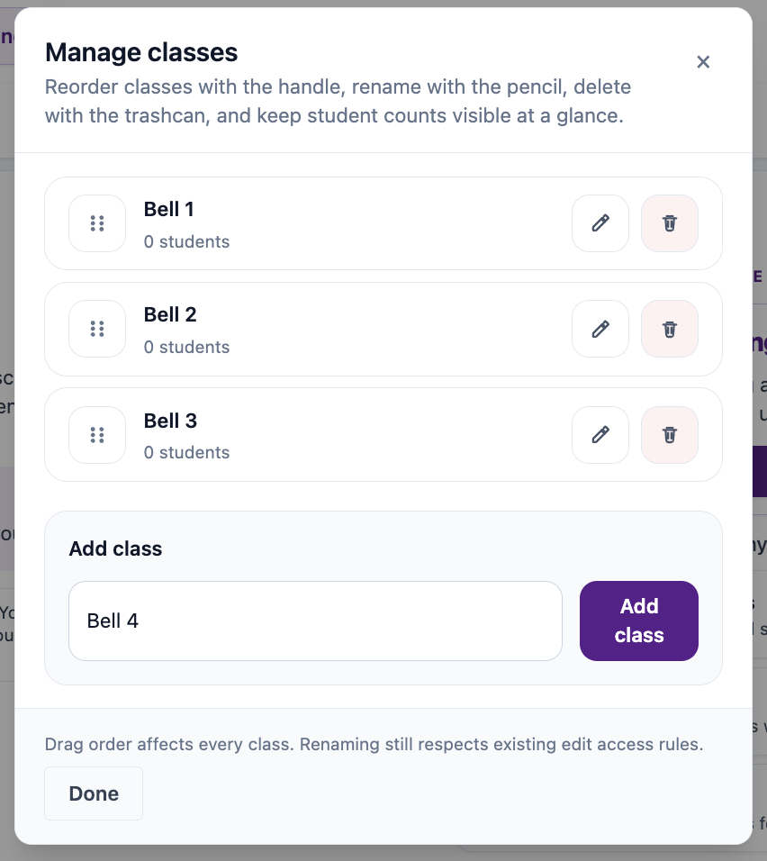 Manage classes dialog showing example class rows and an Add class field with Add class button.