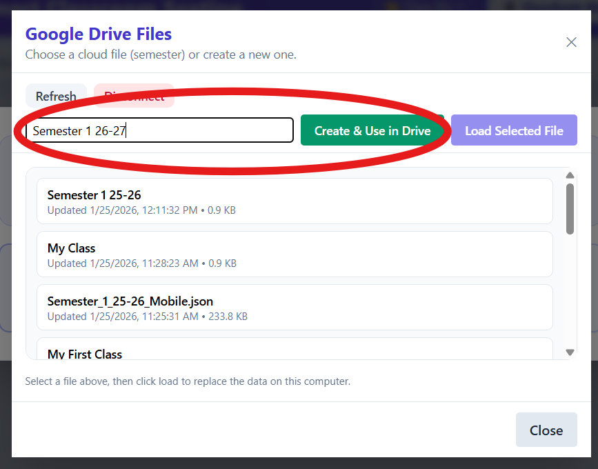 Google Drive Files window with file list and create options