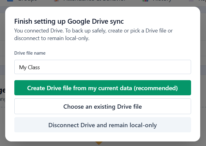 Finish setting up Google Drive sync dialog with three options