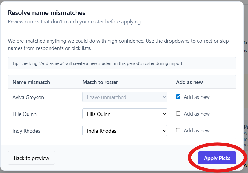 Apply Picks button at the bottom of the mismatch modal