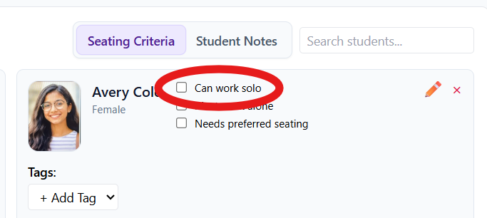 Can work solo checkbox on a student card
