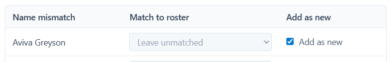 Name mismatch row with add as new checked