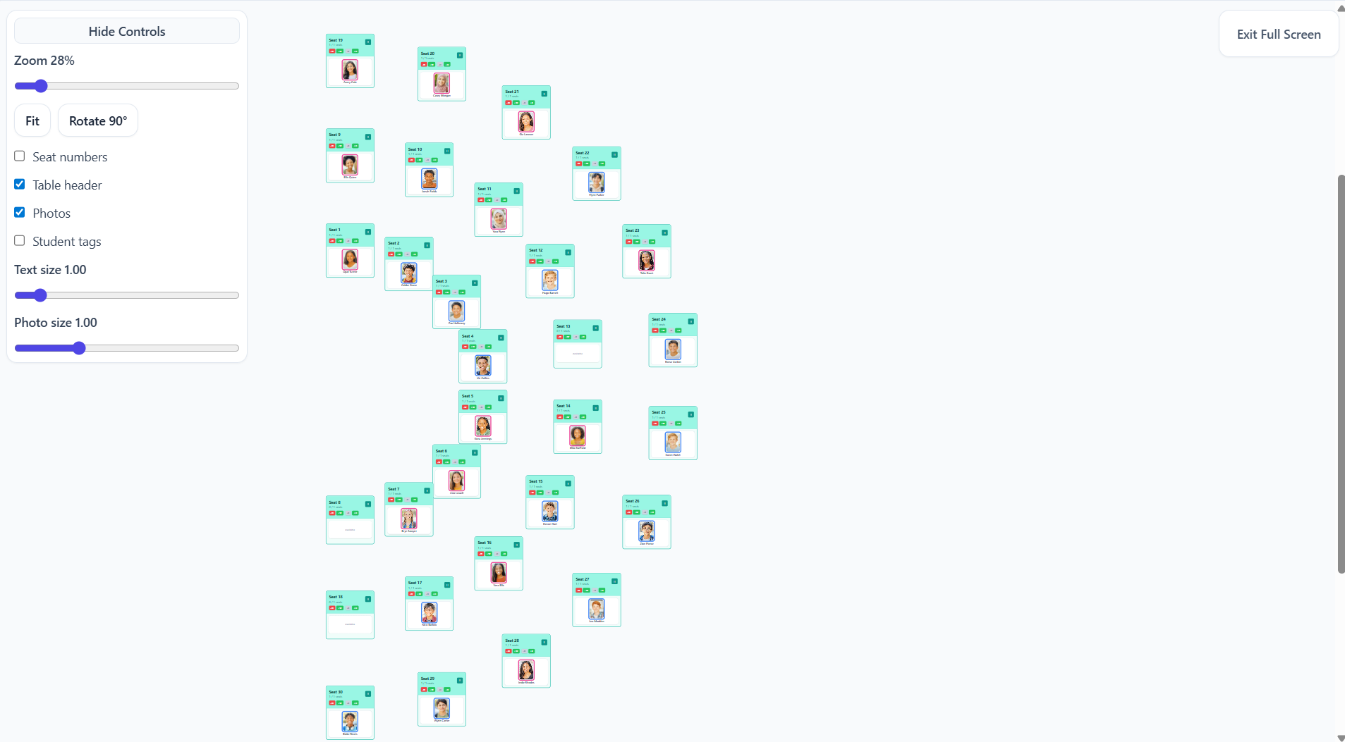 Seating chart displayed in full-screen mode