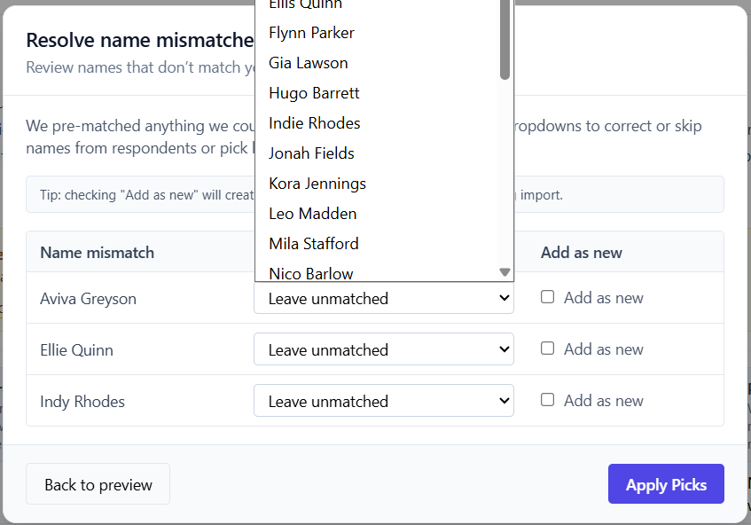 Match to roster dropdown opened with student list