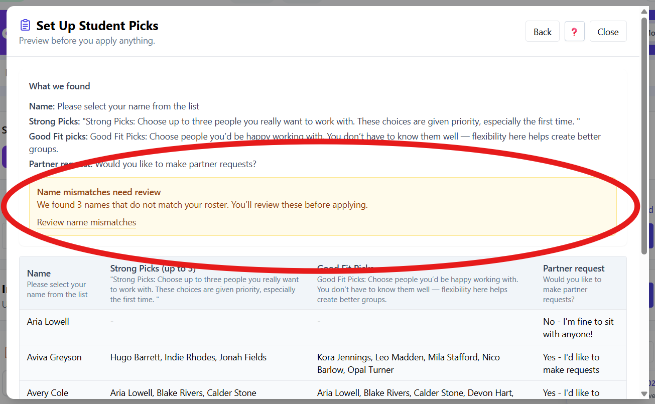 Import preview banner that says name mismatches need review