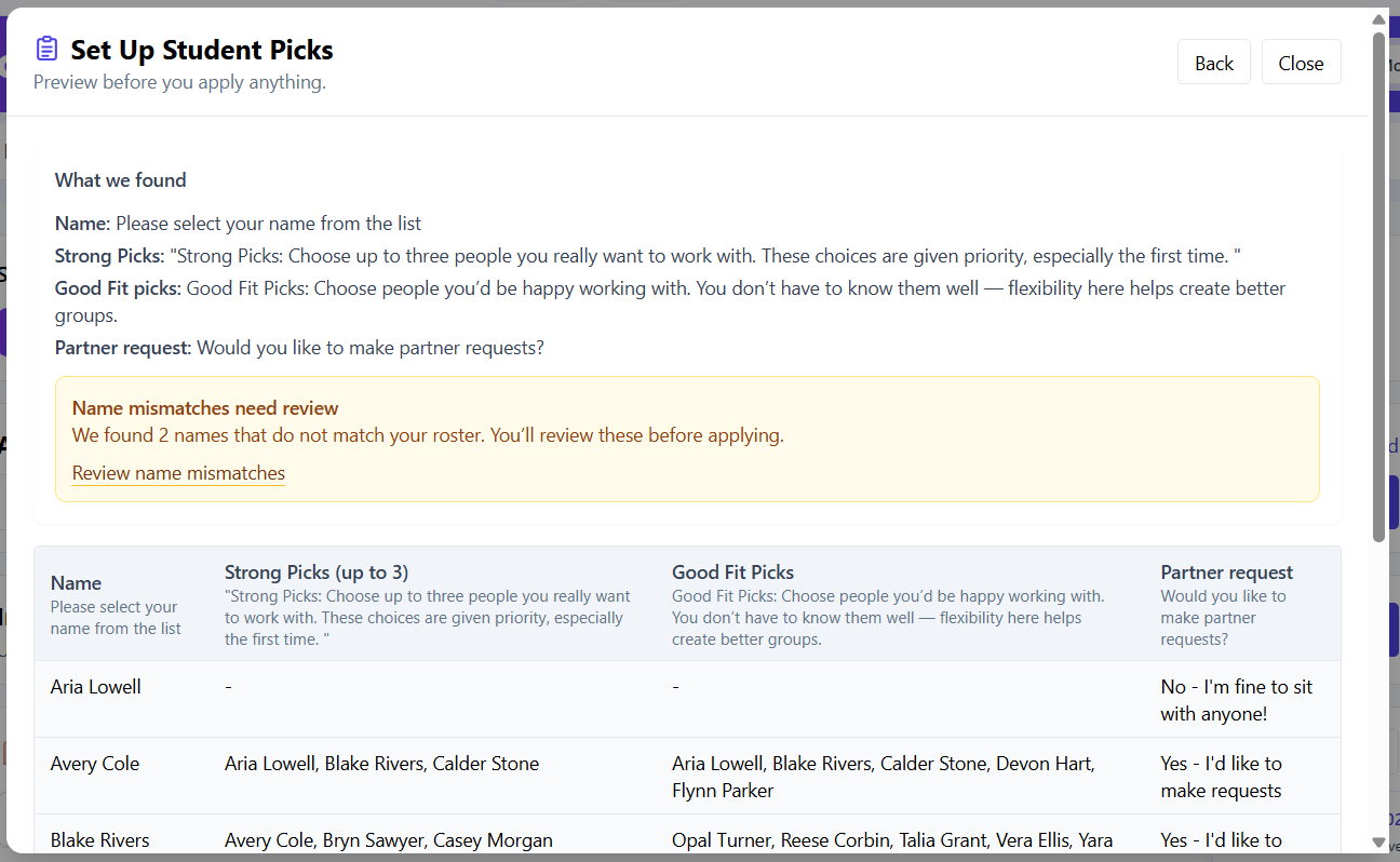 Preview screen with name mismatch warning