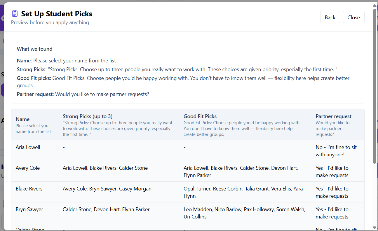 Preview screen with parsed preferences