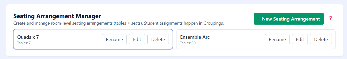 Room Setup tab showing the Seating Arrangement Manager section