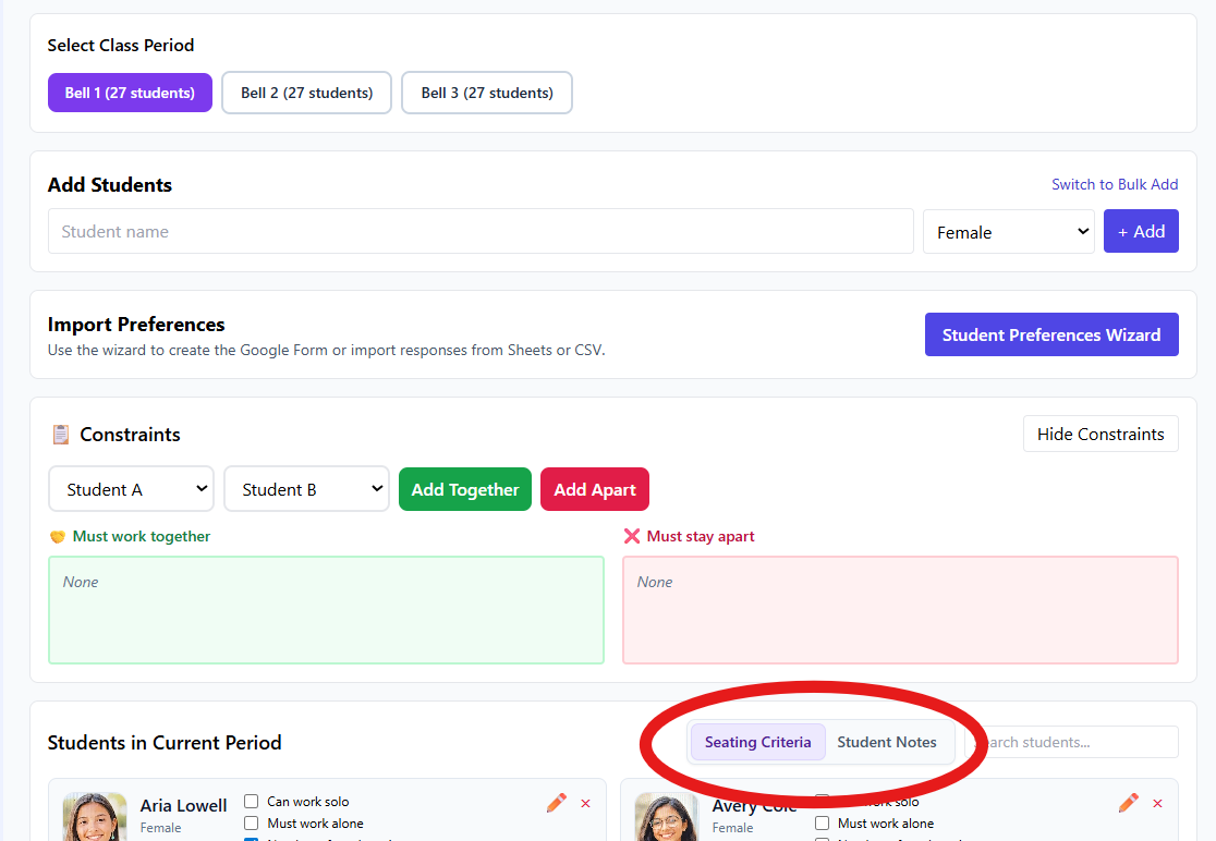 Seating Criteria tab selected in Students