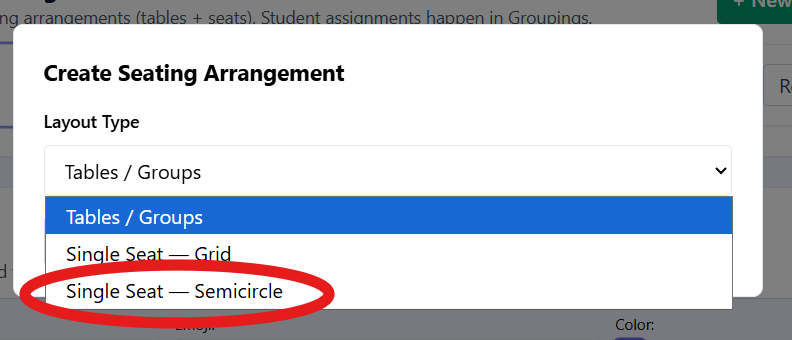 Create Seating Arrangement modal with Single Seat Semicircle selected