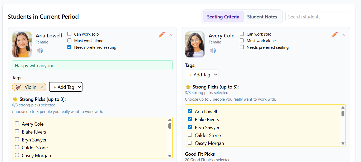 Students tab showing student cards with tag controls visible
