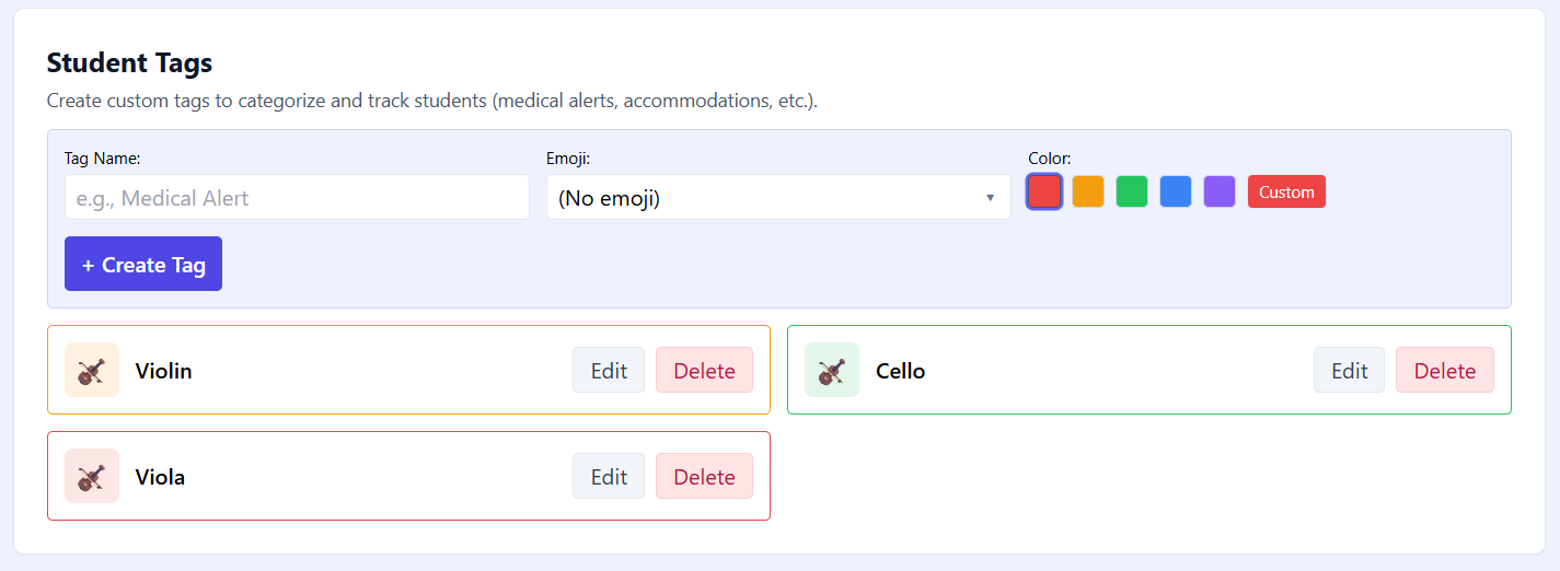 Students tab showing the Student Tags section