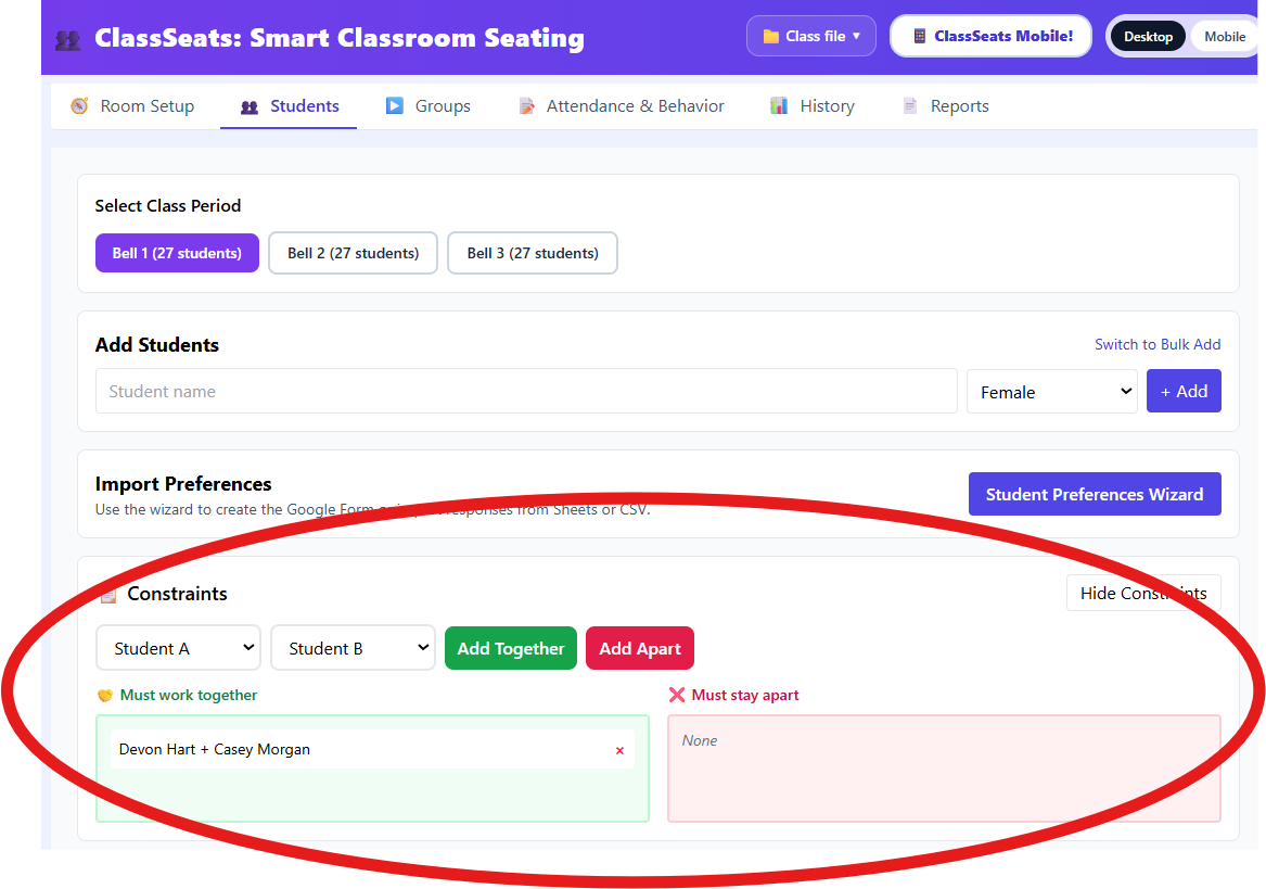 Students tab with constraints section visible