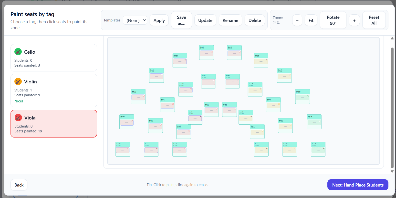 Tag-based seating paint view with color-coded section seats