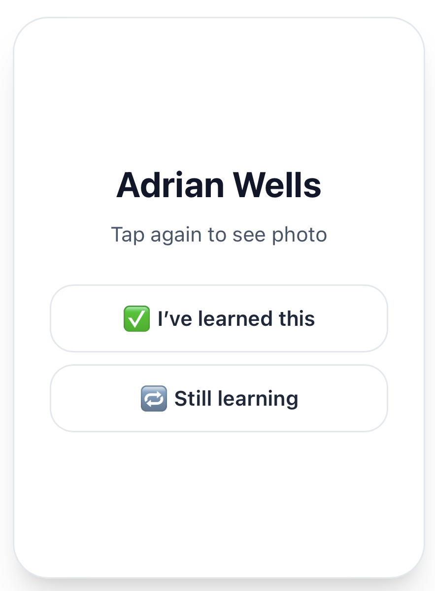 Flipped flashcard with the student name and learning buttons