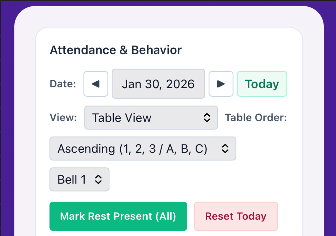 Mobile attendance control bar with date controls, Today, class selector, view dropdown, and Mark Rest