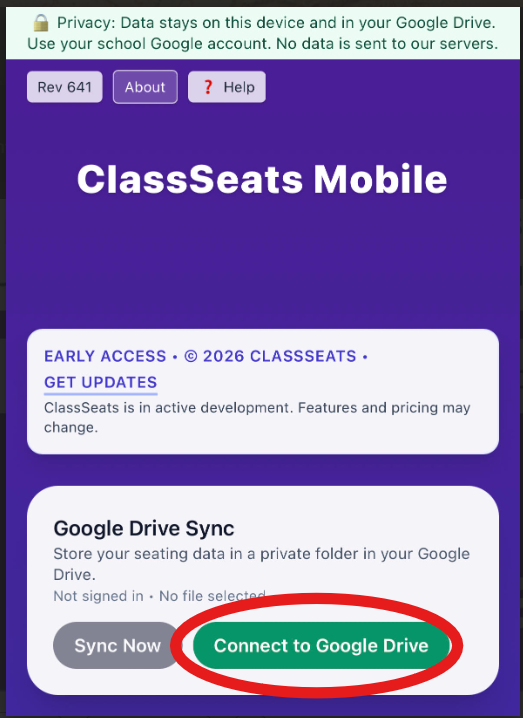 Connect to Google Drive button on ClassSeats Mobile