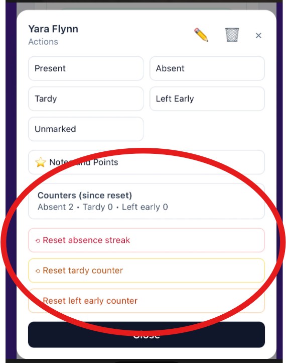 Student menu showing counters since reset and reset options
