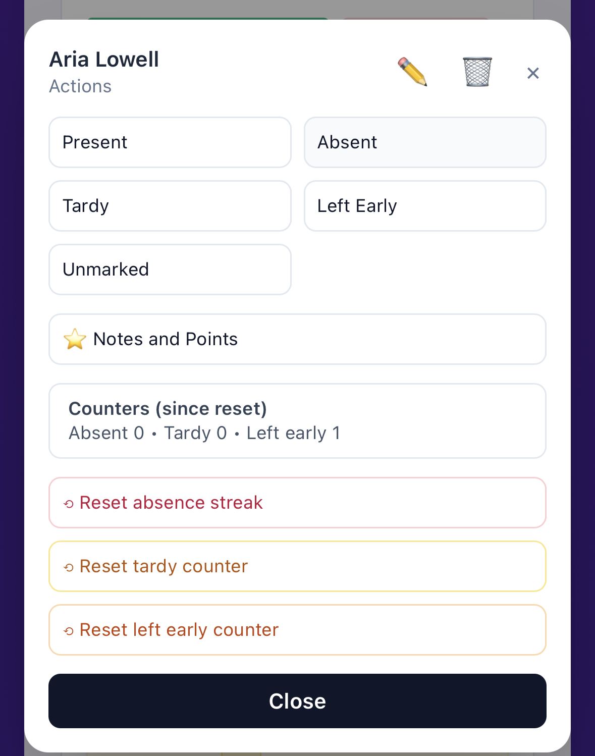 Open student menu with attendance status options