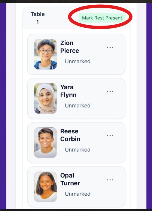 Table-level Mark Rest button on a table in mobile attendance