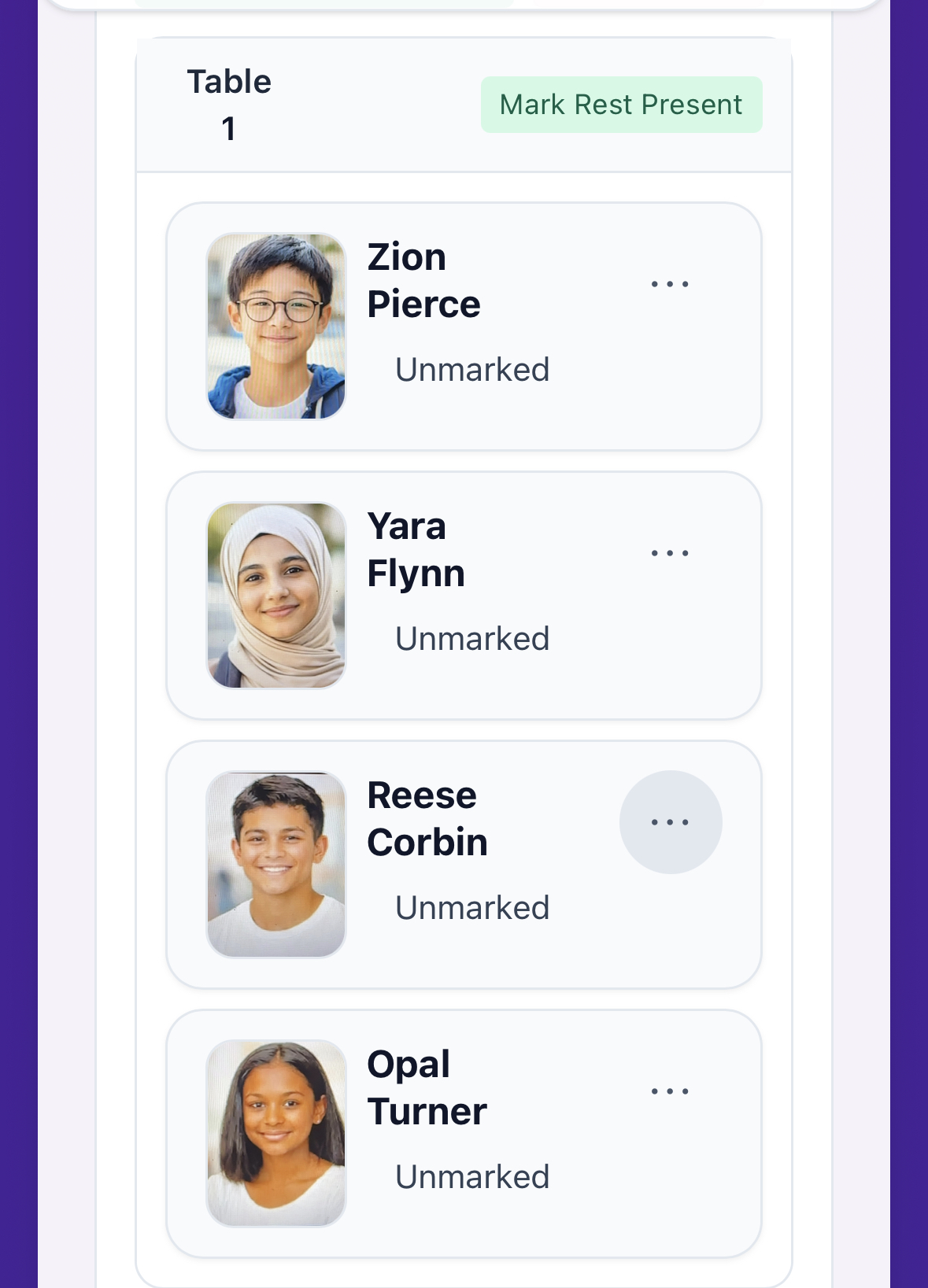 Mobile attendance page showing table view