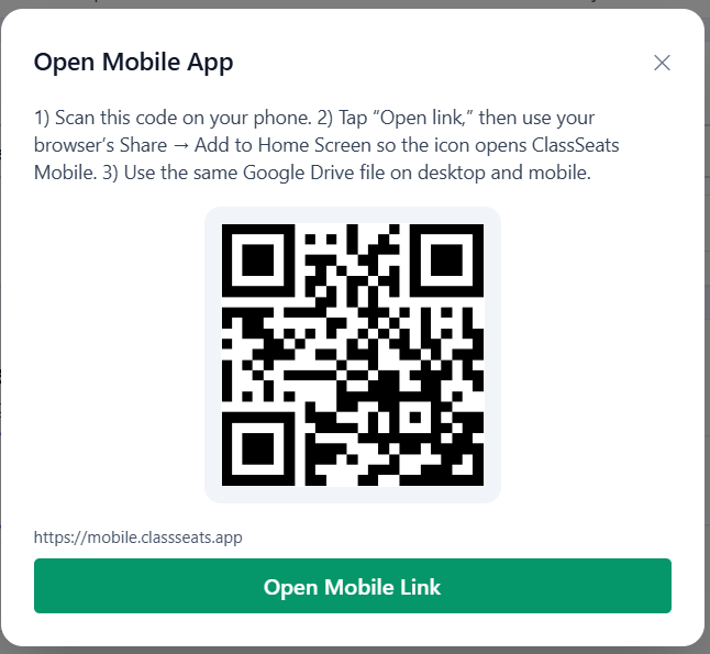 QR code screen for ClassSeats Mobile access
