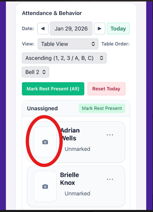 Student list showing the camera icon