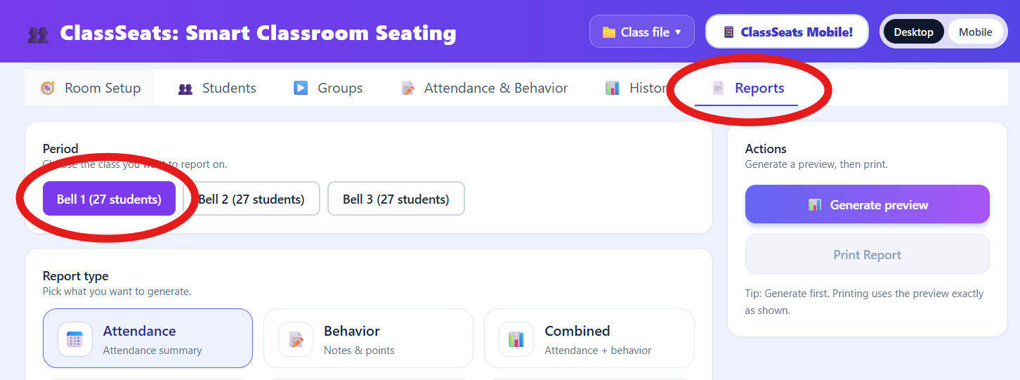 Reports tab with a class period selected