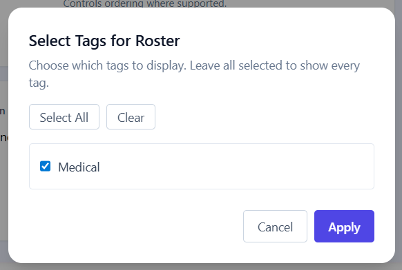Tag selection modal for roster reports