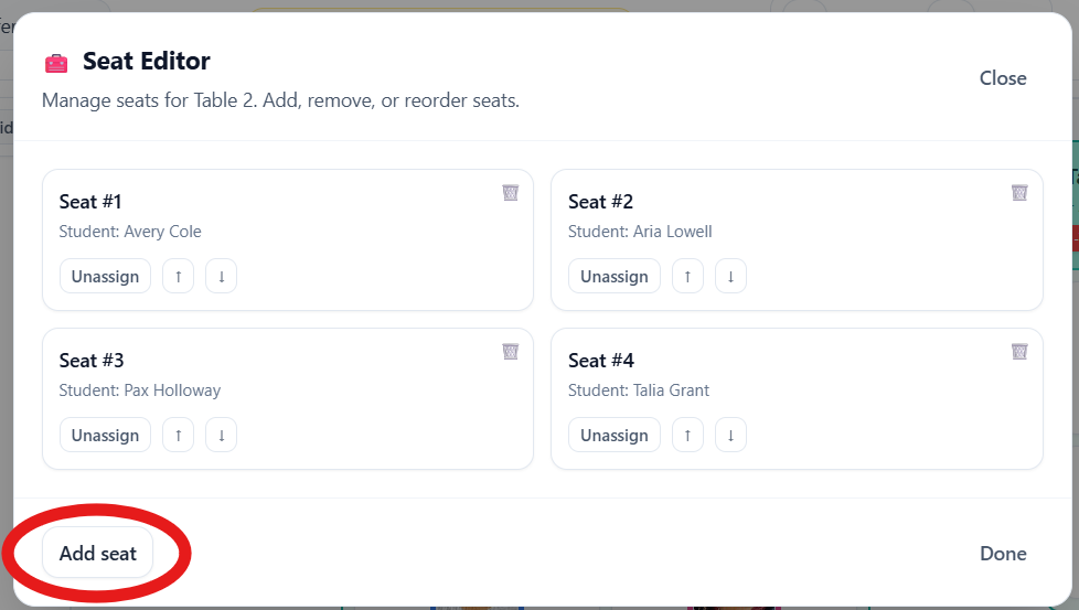Seat Editor with the Add Seat button