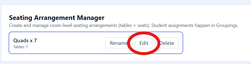 Seating arrangement card with an Edit button