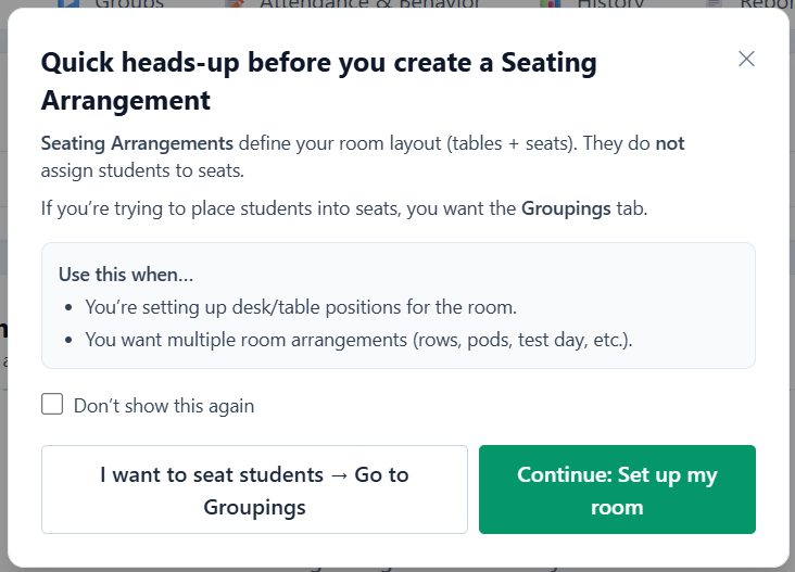Quick heads-up modal before creating a seating arrangement