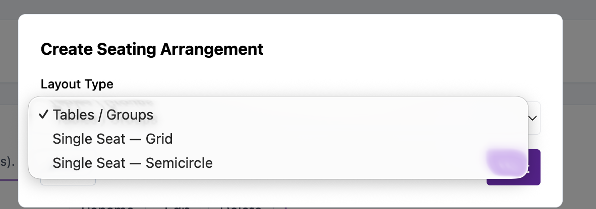 Create Seating Arrangement window with Tables, Grid, and Semicircle layout options visible