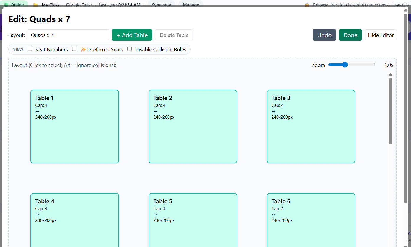 Room Setup tab showing the Seating Arrangement Manager