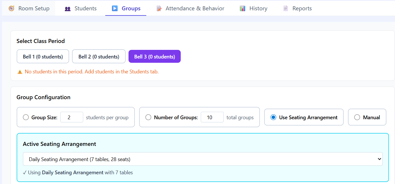 Groupings tab with a seating arrangement selected