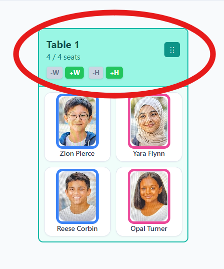 Table header grab handle on a seating chart