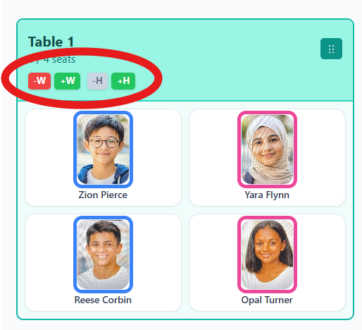 Seating chart table controls with width and height buttons
