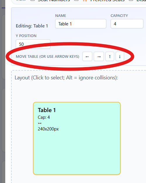 Move controls shown above a selected table