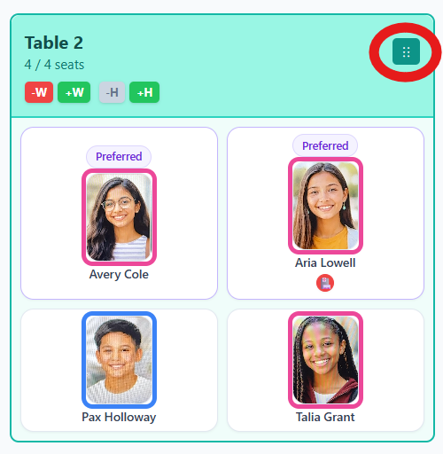 Table Actions button on a seating chart table